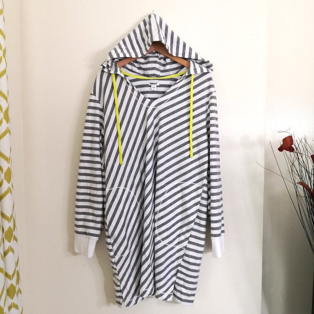DKNY Longline Stripe Hooded Sweatshirt Pockets Size L